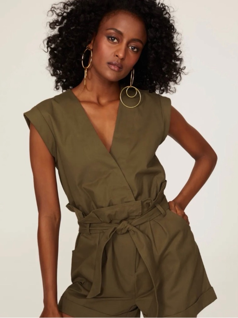 Marisa Web Olive Green Sleeveless Wrap Romper